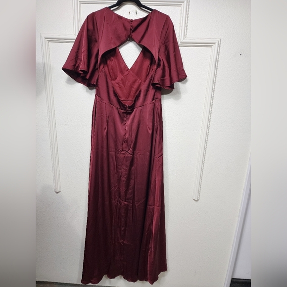 Lulus Elegant Confidence Red Satin Flutter Sleeve Cutout Maxi Dress Wedding - Picture 9 of 9